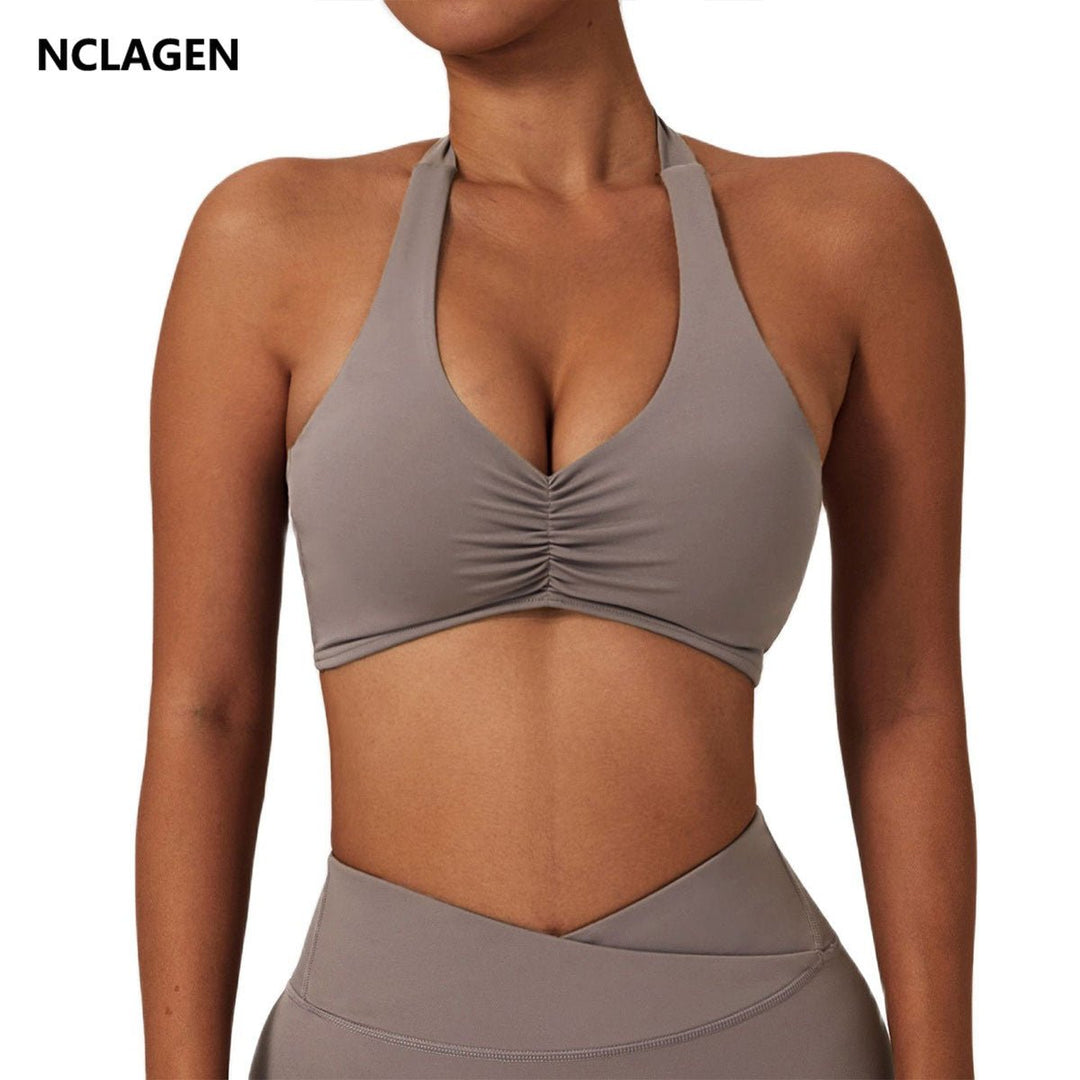 Women Halter Sports Bra High Support Impact Ruched Fitness